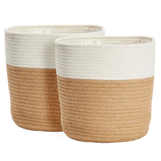 2 Pack Decorative Jute Planter with Plastic Liner, Woven Basket for Plants, Floor, Storage (11 In) Brown {6}