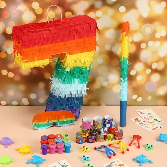 120 Pcs Rainbow Pi&ntilde;ata Set, Multicolor Birthday Party Pi&ntilde;ata with Blindfold Stick and Confetti Carnival Prize for 4th Anniversary Cinco De Mayo Fiesta Decor(Number 7) {3}