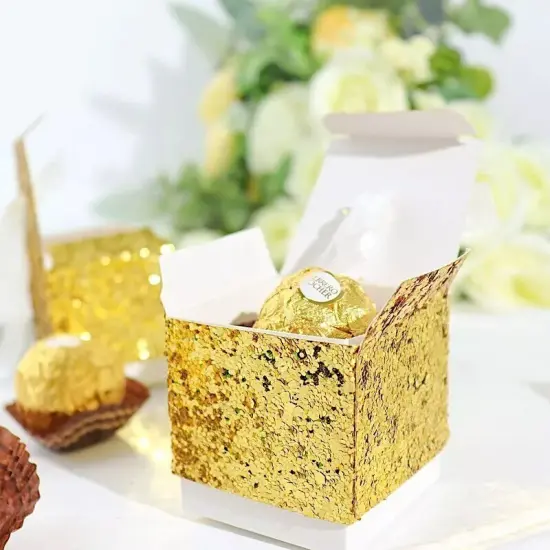 25 Gold 2 in Mini GIFT BOXES Sequin Glittered Favor Holders White Ribbon Party {2}