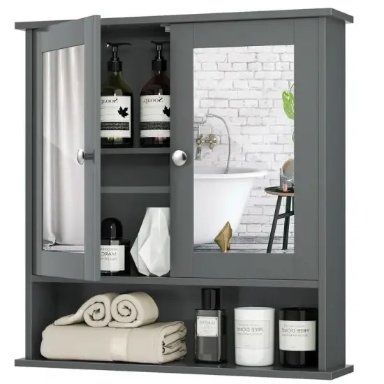 Wall Mounted MDF Bathroom Storage Cabinet with Mirrored Doors and Adjustable Shelves Grey {1}