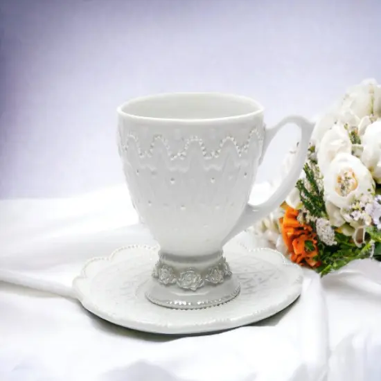 Ceramic White Rose Cup and Saucer, Wedding D&eacute;cor or Gift, Anniversary D&eacute;cor or Gift, Home D&eacute;cor {1}