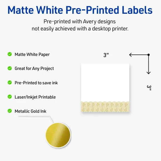 Avery Printable Square Labels with Sure Feed Technology, Pre-Printed Gold Lace Trim Pattern, Matte White, 3" x 3", Laser & Inkjet Compatible, 60 Total, Great for Branding, Marketing, and Events {2}