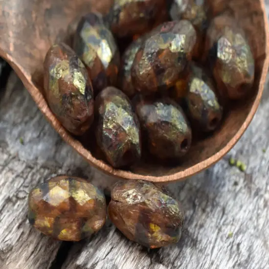 *12* 12x8mm Etched Brown Amber Picasso Faceted Oval Beads {5}