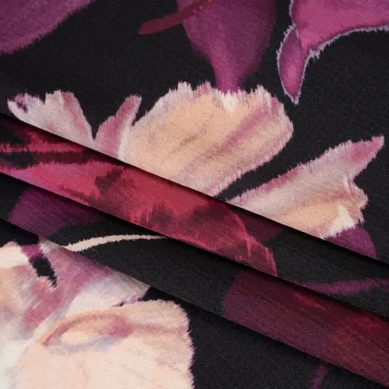 1 Yard Black and Berry Red Floral Puckered Polyester Charmeuse Designer Deadstock 56 inch Width {4}
