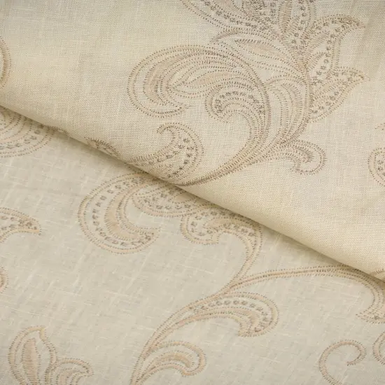 1 Yard White Sand Pure Linen Foliage Embroidered Fabric Midweight Woven 54 Inch Width Beige {1}
