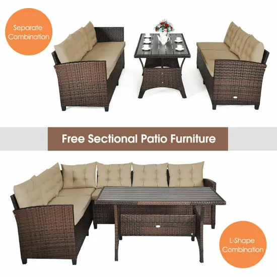 3 Pcs 6 Seats Rattan Dining Set Patio Furniture Sofa with Cushions {3}