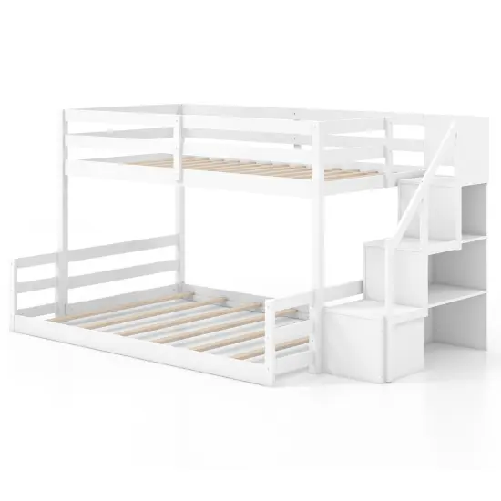 Space-Saving Wooden Twin Over Full Bunk Bed with Stair Storage and Safety Guardrails for Kids {1}