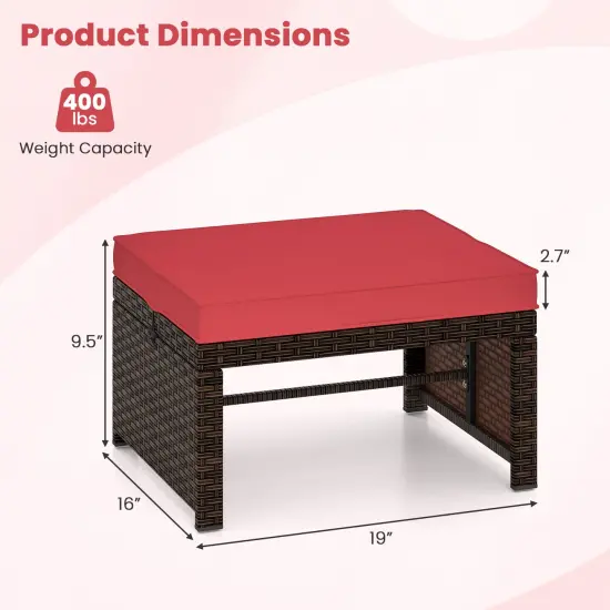 2 Piece Mix Brown Rattan Ottoman Footstool with Cushions, Metal Frame and 400 lbs Capacity Red {4}