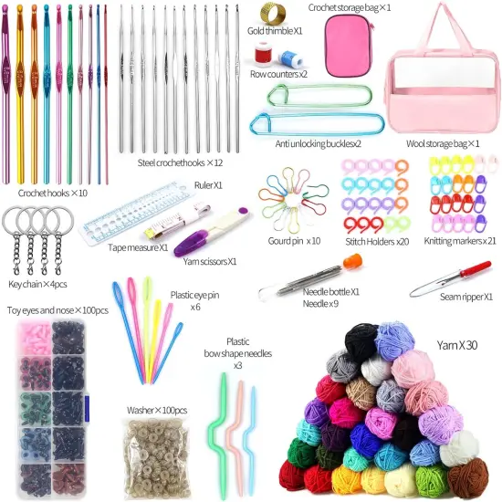 336Pcs Crochet Kit for Beginners, 1500 Yards 30 Colors Yarn for Crocheting, 30Pcs Crochet Hooks {2}