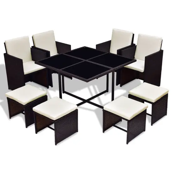9-Piece Brown PE Rattan Dining Set with Cushions & Tempered Glass Table {5}