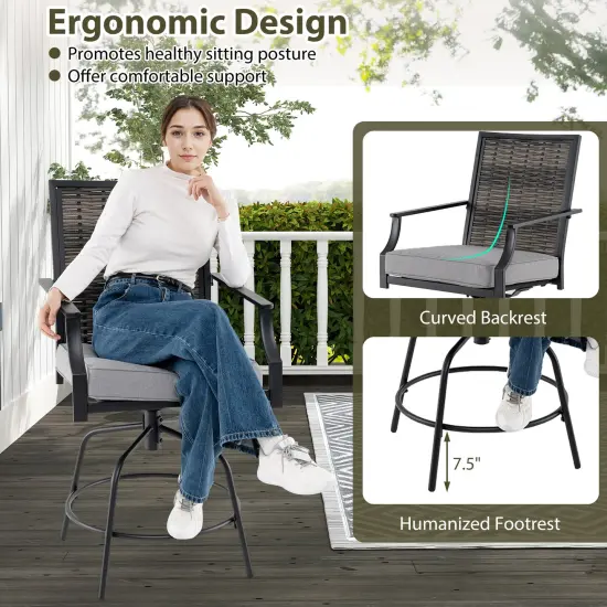Outdoor PE Wicker Swivel Bar Stools Set of 2 Counter Height Patio Chairs with Back-Grey {5}