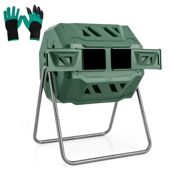 Dual-Chamber Compost Bin with Sliding Doors and Rotatable Design 42 Gallon Green {2}
