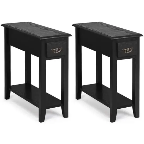 Rubber Wood End Table Set with Drawer, Open Shelf and Spacious Tabletop for Living Room or Bedroom Black {6}