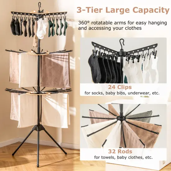 Freestanding 3-Tier Drying Rack with 24 Clips and Rotating Arms Perfect for Laundry Rooms or Balconies {6}