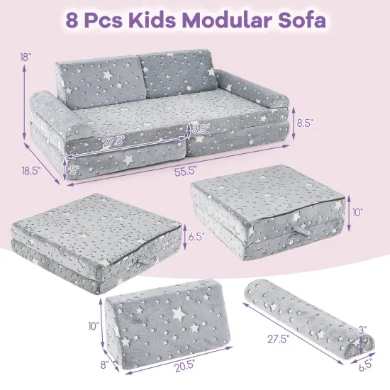 Flannel Fabric Modular Kids Play Couch with Glow-in-the-Dark Patterns Grey {6}