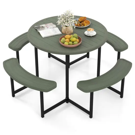 Costway Round Picnic Table Bench Set with 4 Benches Umbrella Hole All Weather Tabletop White/Green/Gray/Black {9}