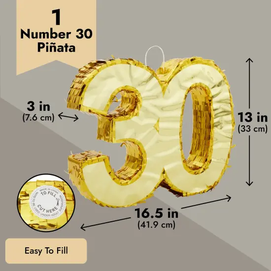 Gold Foil Number 30 Pinata for 30th Birthday Party Decorations, Anniversary Celebrations (Small, 16.5 x 13 x 3 In) {3}