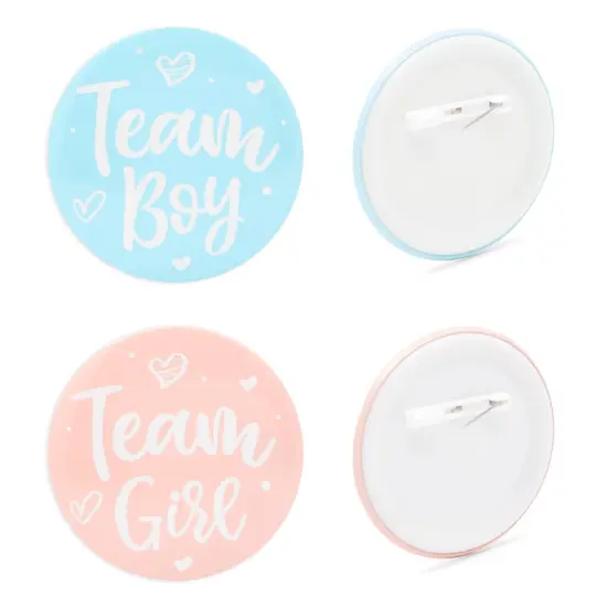 Baby Gender Reveal Party Favors, Team Boy and Girl Button Pins, Bead Necklaces (48 Pieces) Pink {5}