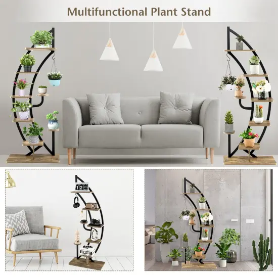 Costway 2PC 6 Tier Metal Plant Stand Rack Half Moon Shape Ladder Planter Organizer w/Hook {6}