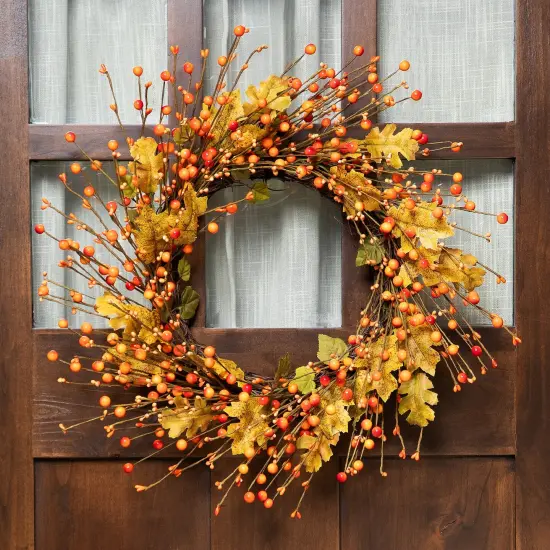 Northlight Berries and Maple Leaves Fall Harvest Artificial Twig Wreath - 22" Yellow {1}