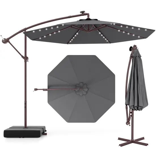 Costway Patio 10FT Hanging Offset Umbrella 32 LED Lights Sand Bag Outdoor Cross Base Beige/Turquoise/Dark Gray/Wine/Coffee/Navy {11}
