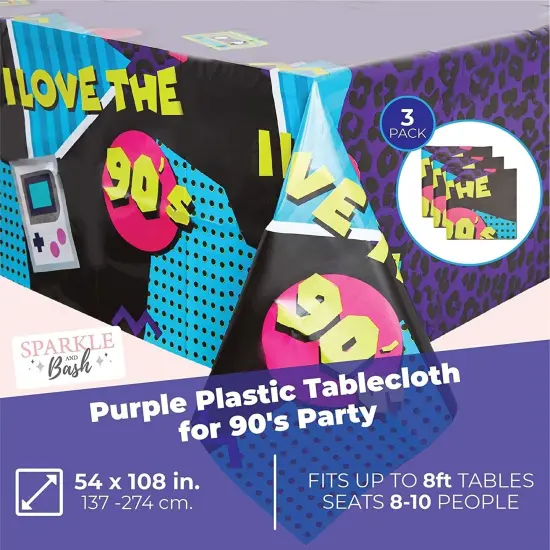 Purple Plastic Tablecloth for 90&rsquo;s Birthday Party (54 x 108 in, 3 Pack) Multicolor {2}