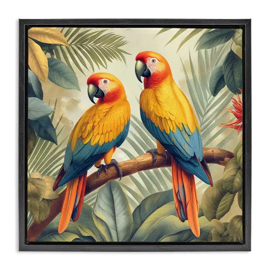 Stupell Industries Parrot Duo on Branch Framed Floater Canvas Wall Art Design by Steve Hunziker {1}