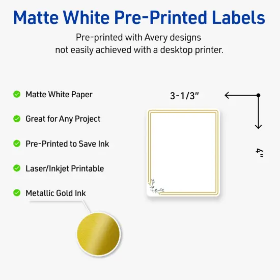 Avery Printable Rectangle Labels, Gold Double Border with Florals, 4" x 3-1/3", Matte White Rectangle Labels, Permanent, Laser/Inkjet, 40ct, Great for Product Labels {2}