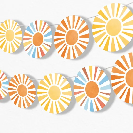 Big Dot of Happiness Retro Sunshine Garland Banner, Here Comes The Son Baby Shower Decorations Backdrop, 15 Feet of Cord, 15 Paper Sunburst Shapes {1}