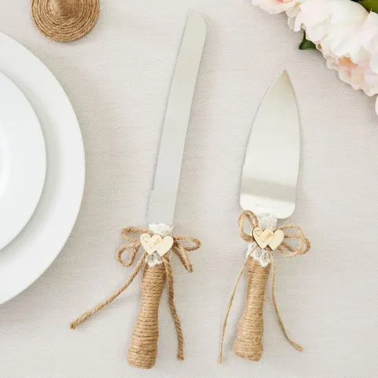 4 Piece Rustic-Style Wedding Cake Knife and Server Set with Champagne Glasses for Bride and Groom, Farmhouse Theme Reception, Country Decorations Multicolor {2}