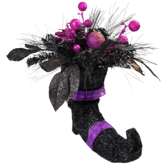 Northlight Witch's Boot with Glittered Roses and Foliage Halloween Decoration - 12" Black {5}