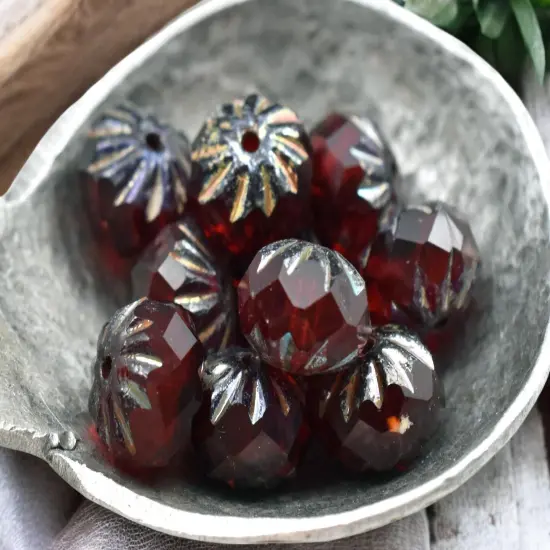 *15* 6x9mm Ruby Red Picasso Fire Polish Cruller Rondelle Beads {3}