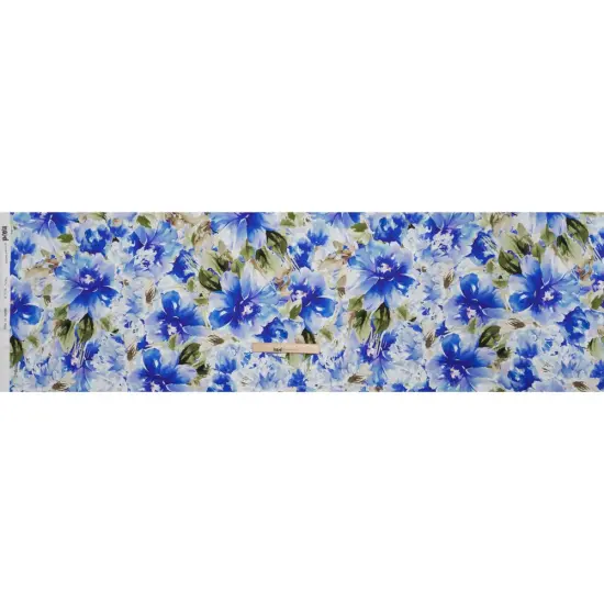 1 Yard Silk Charmeuse Watercolor Floral Italian Made Ultramarine Blue & Olive Green, 53 Inches Width {3}