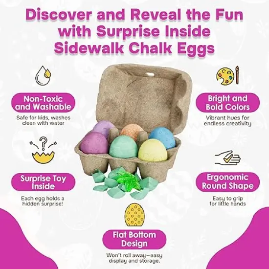 6ct Surprise Inside Sidewalk Chalk Eggs &ndash; Washable Outdoor Activity for Kids, Flat Bottom Design Egg Chalk, Surprise Toys Chalk Set for Kids Play Set {2}