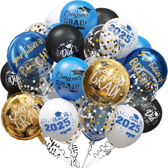 Graduation Blue and Gold Balloons 2025 - Grad Latex Confetti Balloons with Congrats Grad Foil Balloons for Graduation Party Decorations Supplies, 60Pcs {1}
