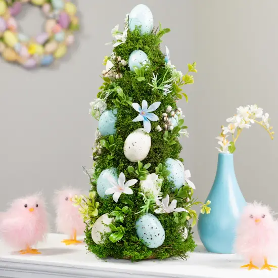 Northlight Floral and Foliage Easter Egg Tree - 14" - Blue and White {1}