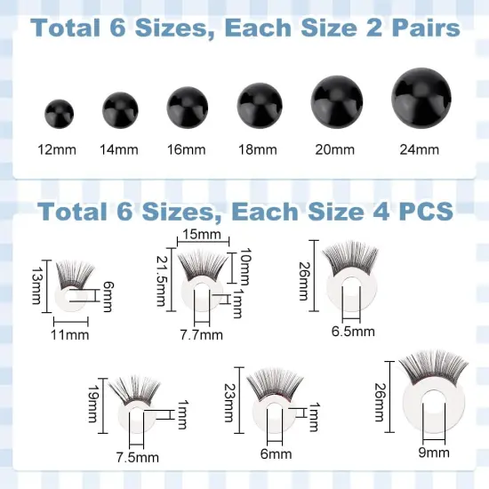 24 Sets Safety Eyes with Eyelashes Black Crochet Eyes 6 Sizes {2}