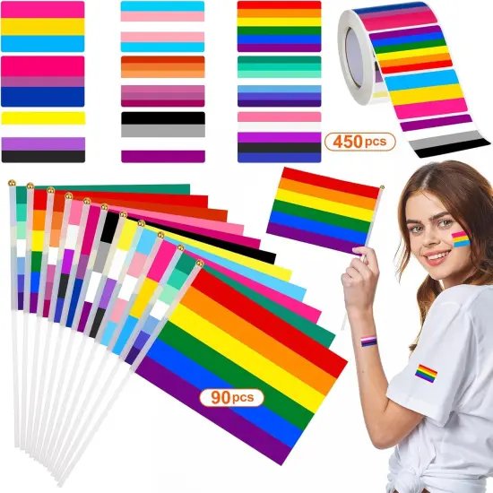 90 Pack Rainbow Pride Flags and 450 Pcs Pride Stickers Mini LGBTQ Flag Gay Pride Stickers Small Hand Held Bisexual Pansexual Lesbian Transgender Flags (Simple Style) {1}