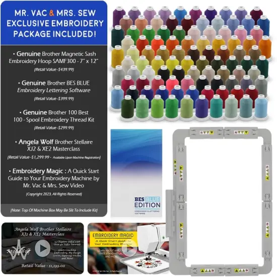 Brother Stellaire Innov-&iacute;s XE2 Embroidery Machine, 14" x 9.5" Field Size - Includes BES Lettering Software + Brother Best 100 Embroidery Thread Kit + Magnetic SAMF300 Hoop + Embroidery Magic Video {2}