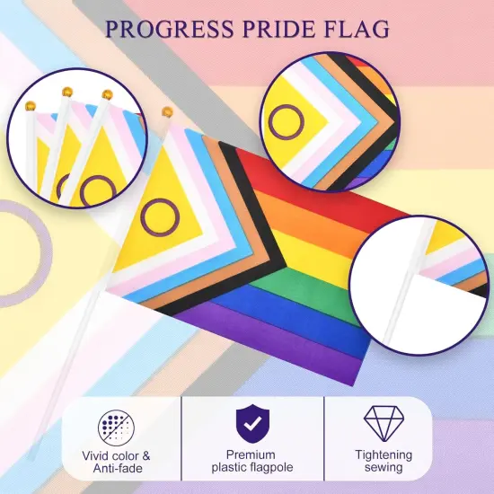 20 Pieces 5 x 8 Inches Small Intersex Inclusive Progress Pride Flag Sticks - Handheld Progress Pride Flags, Mini LGBTQ Rainbow Gay Flag for Outdoor LGBT Parades, Rainbow Pride Month Party Decorations {5}