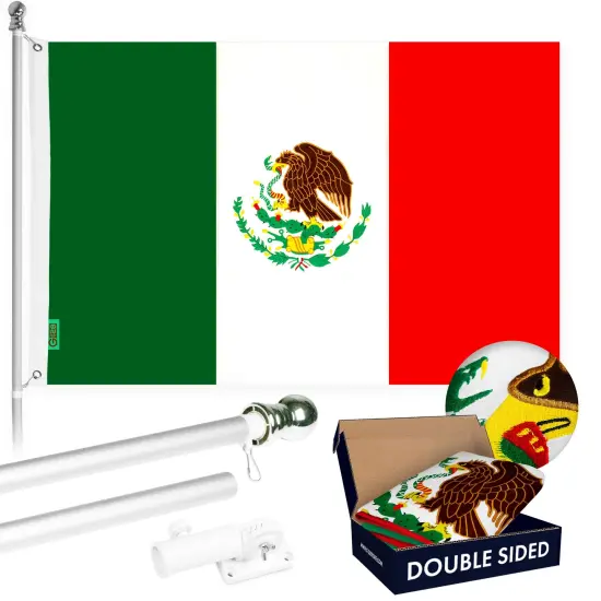G128 - 6 Feet Tangle Free Spinning Flagpole (Silver) Mexico Double Sided Brass Grommets Embroidered 3x5 ft (Flag Included) Aluminum Flag Pole {1}
