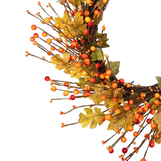 Northlight Berries and Maple Leaves Fall Harvest Artificial Twig Wreath - 22" Yellow {6}