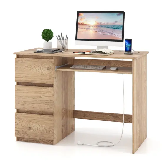 Costway Computer Desk with Power Outlet Keyboard Tray & 3 Large Drawers Type-C & USB Ports White/Natural {8}