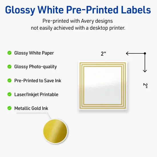 Avery Printable Square Labels, Gold Multi-Lined Border, 2" x 2", Glossy White Square Labels, Permanent, Laser/Inkjet, 120ct, Great for Product Labels {2}