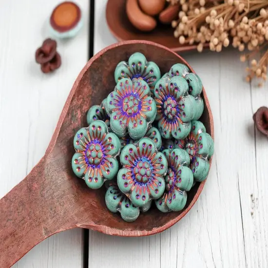 *12* 14mm Matte Opaque Dark Turquoise Sliperit Wildflower Beads {4}