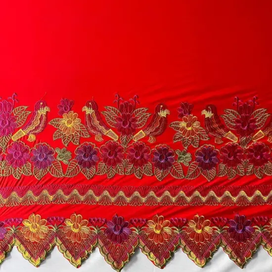 1 Yard Floral Bird Embroidered Polyester Fabric 56" Wide Decorative Fabric for Upholstery, Drapery & Accents Red & Purple {5}