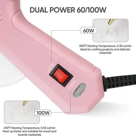 Full Size Hot Glue Gun with 60/100W Dual Power and 21 Hot Glue Sticks (7/16"), Fast Preheating Heavy Duty Industrial Gluegun with Storage Case for Crafting, DIY and Repairs (Pink) {3}