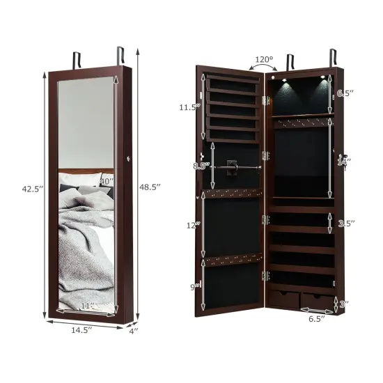 Costway Wall Mount Mirrored Jewelry Cabinet Organizer LED Lights {2}