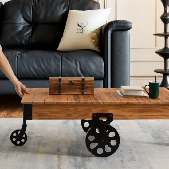 Vintiquewise Large Rustic Vintage Industrial Wooden Coffee Table with Detailed Wood Grain Metal Accents and Black Cast Iron Cart Wheels Perfect for Farmhouse and Loft-Style Interiors {5}