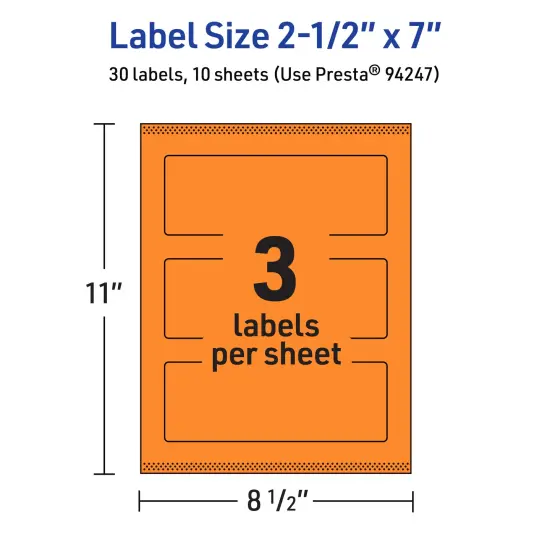 Avery Bright Orange Paper Labels, 2.5" x 7" Rectangle {5}